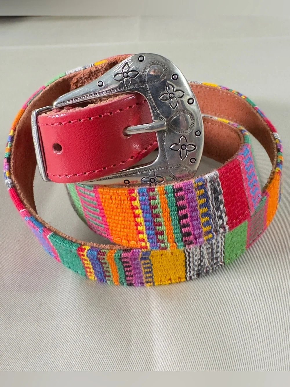 Woven Textile Leather Belt Colorful Southwestern Silver Floral Buckle